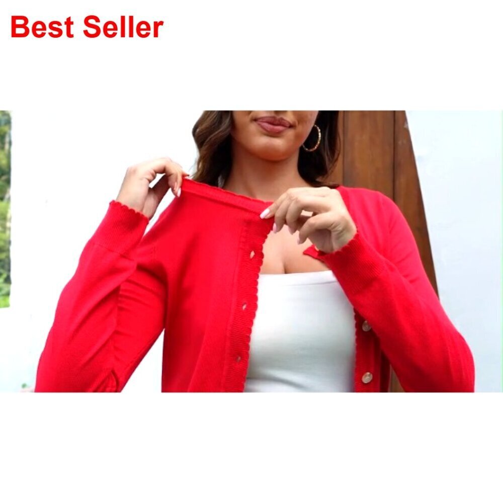 Long Sleeve Crop Cardigan Sweater with Ruffle Sleeves Button Front - Picture 6 of 7